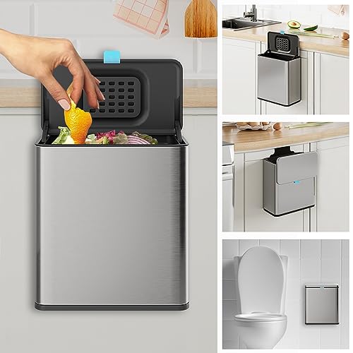 Brushed Stainless Steel 2-Gallon Hanging Trash Can with Lid & Inner Bucket - Kitchen Compost Bin