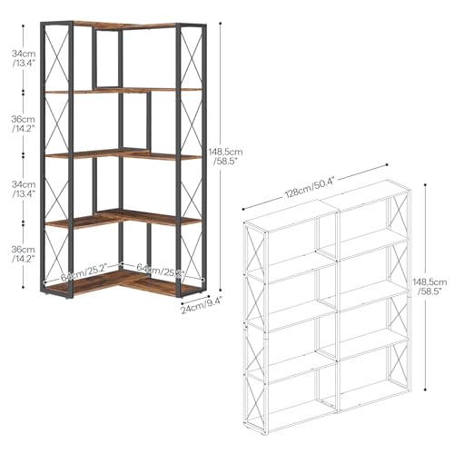 Corner Bookshelf with 5 Shelves - Industrial L-Shaped Storage Rack for Living Room & Office