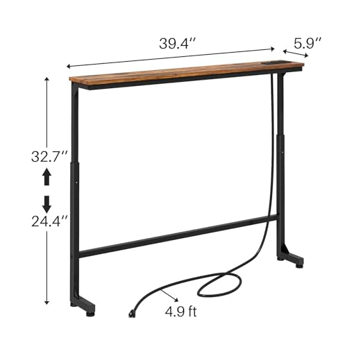 Kitstorack Rustic Brown Narrow Console Table Behind Sofa with Adjustable Height & Power Outlets - 5.9"D x 39.4"L