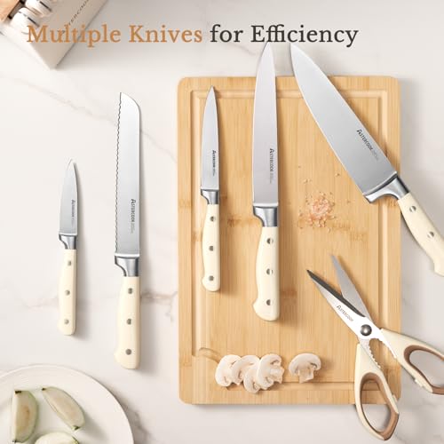 Astercook Cream White 14-Piece Stainless Steel Knife Set with Block & Sharpener