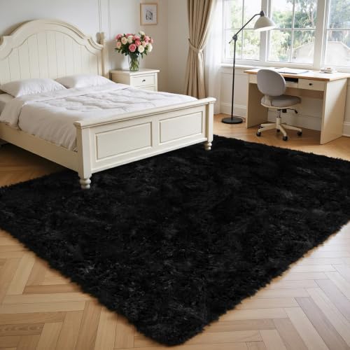 Black 6x9 ft Shag Area Rug for Living Room & Bedroom - Modern Soft Fluffy Carpet