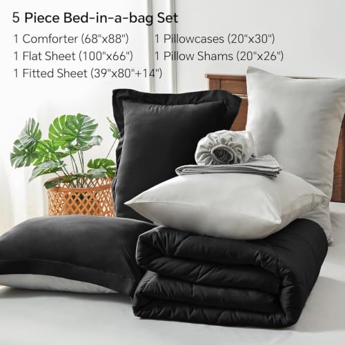 BEDELITE Reversible Black/Dark Grey Twin XL Comforter Set 5 Pieces Bed in a Bag