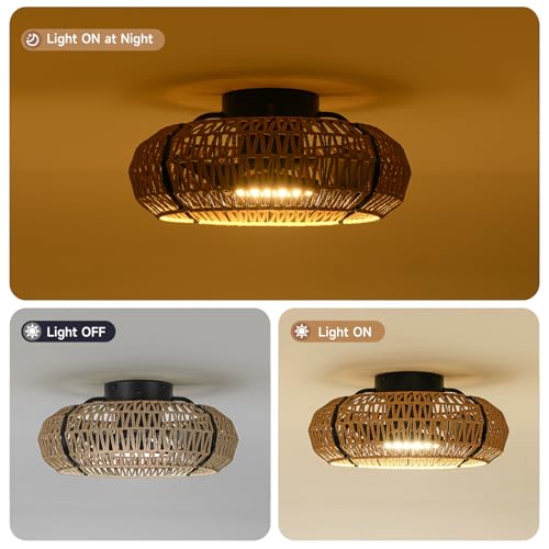 ocioc 20-inch Black Flush Mount Boho Rattan Ceiling Fan with Light Remote Control