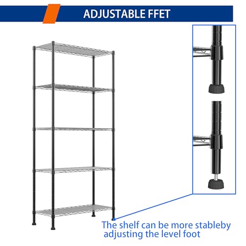 Adjustable Wire Shelving Storage Rack - Black, 5 Tiers, 14.1"D x 30"W x 79"H