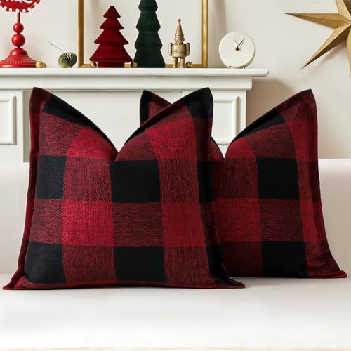 OTOSTAR Pack of 2 24x24 Inch Black and Red Gingham Buffalo Check Pillow Covers Linen Christmas Tartan Farmhouse Decor