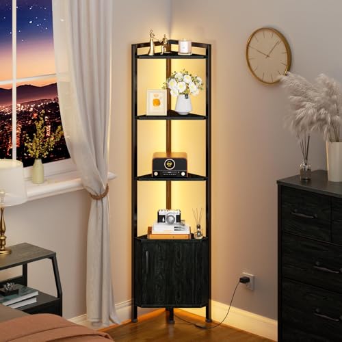 Furnulem 5-Tier Corner Shelf with LED Light - Black Oak Corner Cabinet with Doors