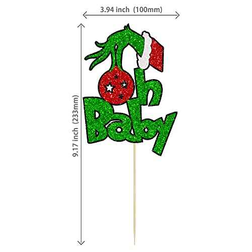 1Pcs Greench Christmas Oh Baby Cake Topper Glitter Shower Cake Pick Decorations for Greench Christmas Theme Kids Birthday Party Supplies