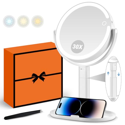 MIYADIVA White Makeup Mirror with Lights, 30X Magnification, Touch Control, Rechargeable Vanity Mirror with 3 Light Colors & 80 LEDs