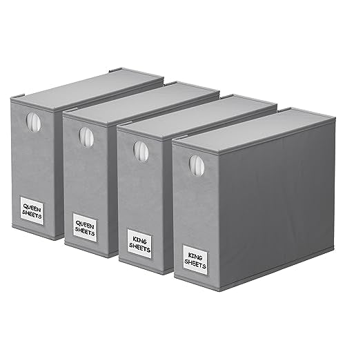 SpaceAid 4 Pack Bed Sheet Organizers - Gray Foldable Linen Closet Storage for Queen & King Size Sheets
