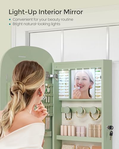 SONGMICS Laurel Green LED Wall Jewelry Cabinet & Mirror 42.5" H - Modern Wall-Mounted Organizer with Rounded Corner Mirror