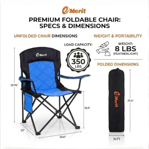 EMERIT 2-Pack Blue Folding Camping Chairs with Diamond-Quilted & Adjustable Armrests - Heavy Duty, Oversized, Ergonomic 18.5" Seat Height