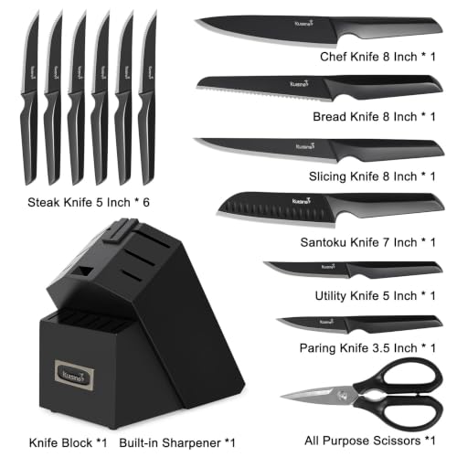 Black 15-Piece Kitchen Knife Set with Block - High Carbon Stainless Steel