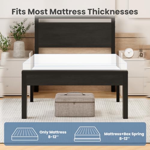 Black Oak 14 Inch Twin Metal Bed Frame with Wooden Headboard - Heavy Duty, Storage, Noise-Free