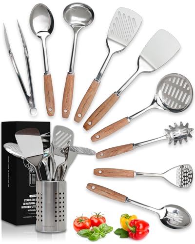 10-Piece Stainless Steel Kitchen Utensil Set with Wooden Handles - Home Hero