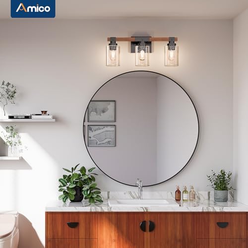 Amico 3-Light Farmhouse Vanity Light - Seeded Glass, Black & Wood Variation