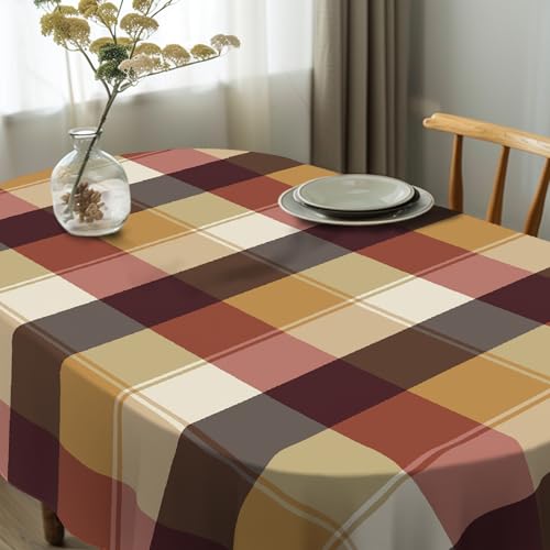 Brown Plaid Oval Tablecloth 60x102 Inch Waterproof Washable Fall Christmas Decor