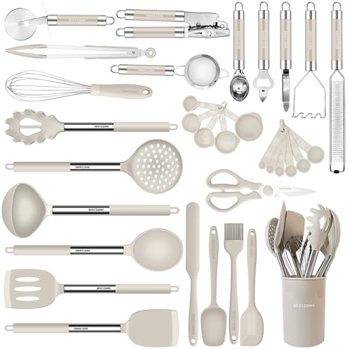 BESTZMWK Khaki Silicone Kitchen Utensil Set 33pcs Non-Stick Cookware with Stainless Steel Handles