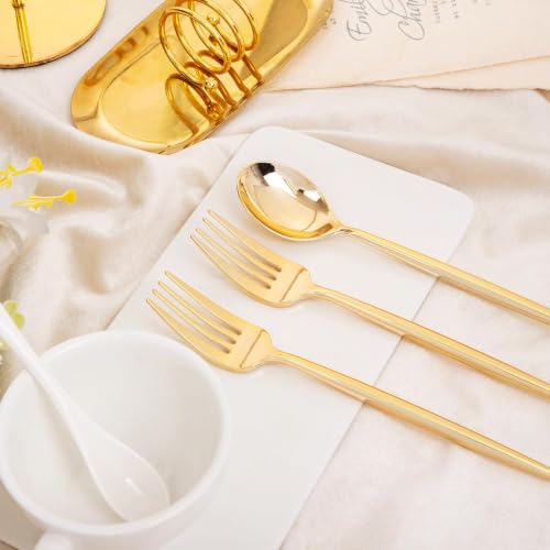 Gold Plastic Forks and Spoons Set - Heavy Duty Disposable Silverware 200 pcs