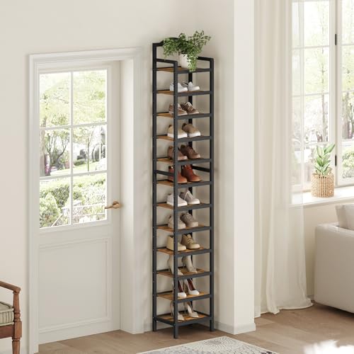 12-Tier Tall Wooden Shoe Rack - Space Saving Vertical Organizer, Rustic Brown & Black, 11x11x85.8 Inches