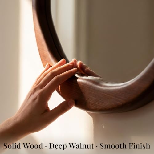 Dark Walnut 24-Inch Round Wood Wall Mirror - Asymmetrical Inner Edge - Solid Wood Frame