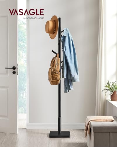 VASAGLE Black Square Base Coat Rack with 8 Hooks, 3 Height Adjustable, Freestanding Wooden Stand