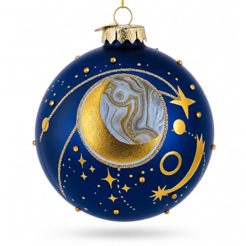 Blue Celestial Planets and Shooting Star Glass Ornament – Hand-Painted Christmas Ball