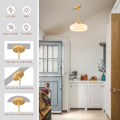 WOKNOS Mid-Century Gold Semi Flush Ceiling Light 12.6 Inch with Adjustable Downrod