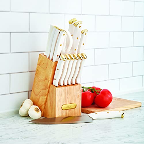 White and Gold 15-Piece Knife Block Set - High-Carbon Stainless Steel Kitchen Knives