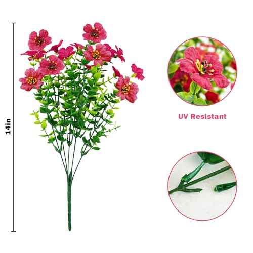 Agusbagli 10 Bundles Artificial Flowers Outdoor UV Resistant Fake Flowers No Fade Faux Plastic Greenery Shrub Plants for Wedding Home Garden Window Box Fireplace Thanksgiving Christmas Decor, Rose Red