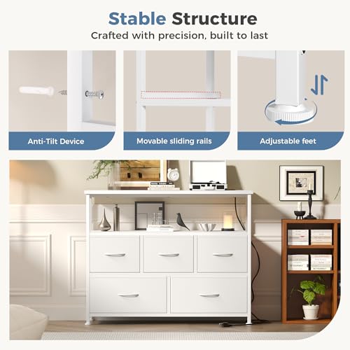 DUMOS TV Stand with 5 Fabric Drawers, Built-in Charging Station & Open Shelf