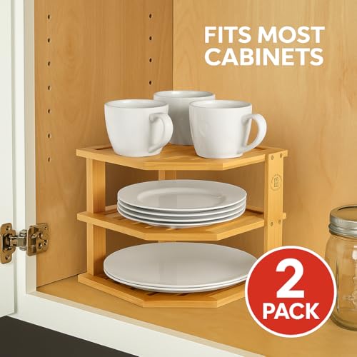 Bamboo Plate Organizer 3-Tier Corner Shelf Riser Set - Natural 2 Pack