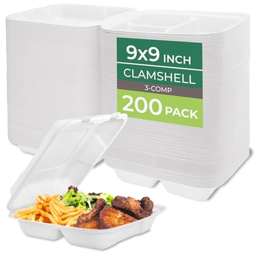Freshware Clamshell Food Containers with Lids [9x9"] 3-Compartment