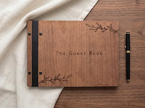 Wedding Guest Book with Signing Pen and Photo Slots - Cherry Wood Cover