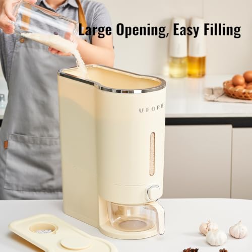 UFORU Cream White 23-25LB Airtight Rice Dispenser with Measuring Cup and Pest Prevention