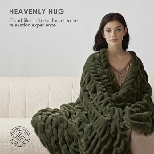 EverGrace Twin Faux Rabbit Fur Throw Blanket 60x80 Loden Green - Luxurious Cozy Bedding