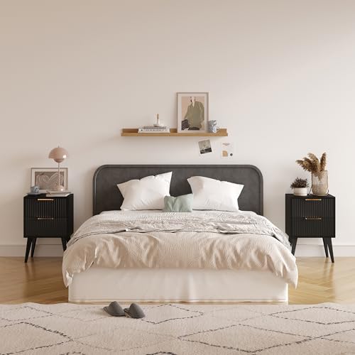 YAUKOMEL Fluted Nightstand with 2 Drawers - Black Bedside Table, Modern Design