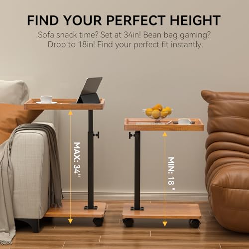 Adjustable Height Swivel C-Shaped Side Table with Wheels for Couch Bed or Living Room