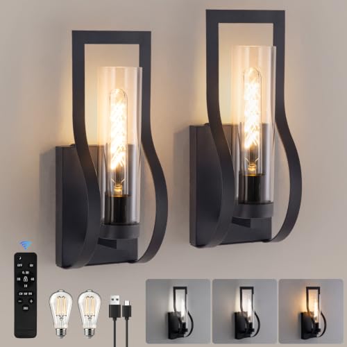 Black Battery Operated Wall Sconces Set of 2 - Modern Dimmable Wall Lights with Remote and 3 Color Temperatures