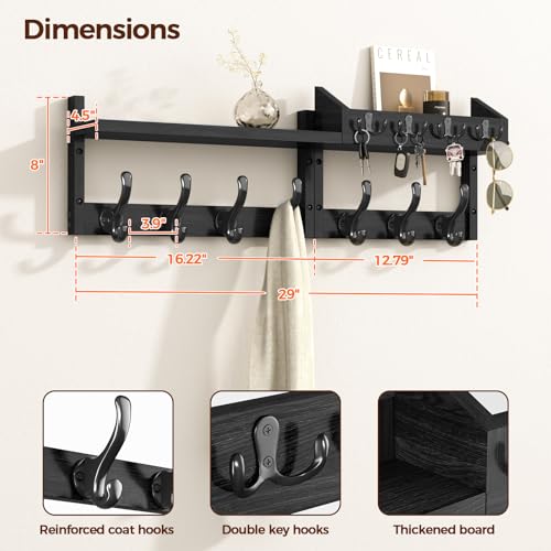 Black 29-Inch Wall Mount Coat Rack with Shelf & 11 Hooks - Entryway Organizer