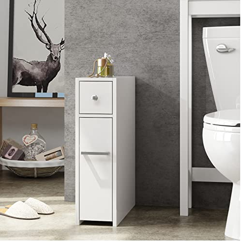Spirich White Bathroom Storage Cabinet with Toilet Paper Holder - Narrow Floor Unit