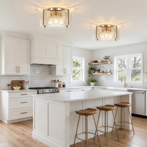 16'' Gold Semi Flush Mount Ceiling Light, 4-Light Glass Drum Light