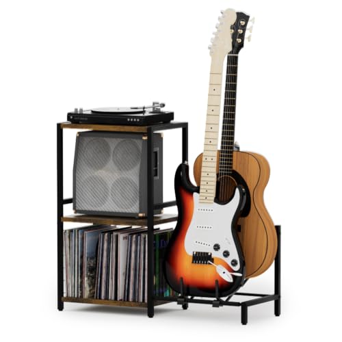 YAKANJ End Table with Guitar Stand and Vinyl Record Storage - Brown
