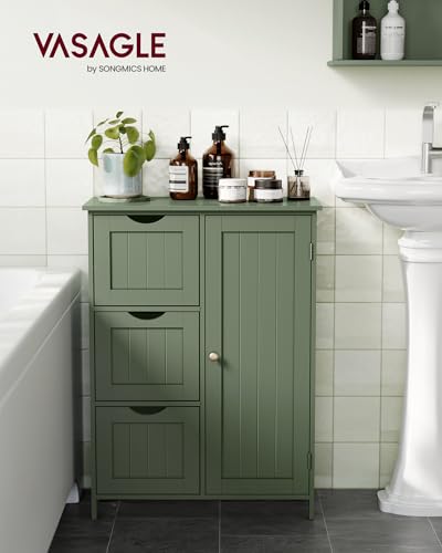 VASAGLE Forest Green Bathroom Floor Cabinet with 1 Door & 3 Drawers, 23.6W