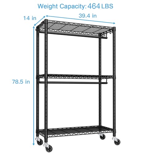 FUTASSI P3 Black Rolling Clothes Rack with Adjustable Shelves & Heavy Duty Capacity