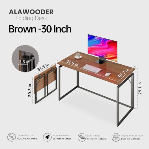 Alawooder 31.5-Inch Folding Desk with Wood Top, No Assembly, Brown, Space-Saving