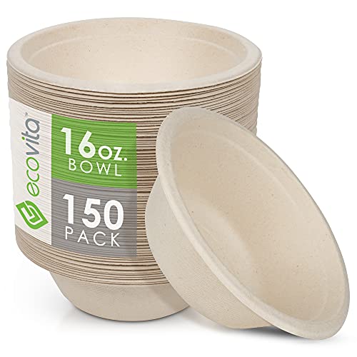 EcoVita 16 oz. Compostable Paper Bowls - Pack of 150, Tree-Free, Eco-Friendly, Disposable