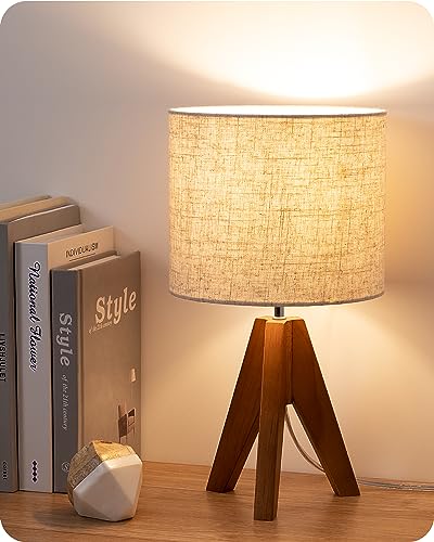 EDISHINE Small Tripod Bedside Table Lamp - Light Brown Wooden Design, 14.2 Inch, E26 Base