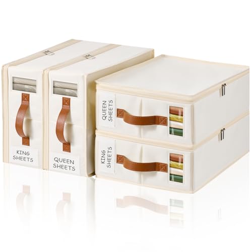 KitHero White Bed Sheet Organizer 4 Pack – Waterproof Linen Closet Storage with Zipper & Handles