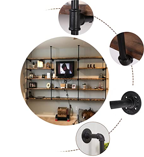Industrial Wall Mount Pipe Shelf Brackets - 2-Pack, 5-Tier, 68" Tall Black Metal Storage Shelves