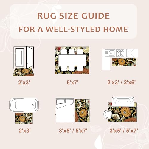Boho Floral Area Rug 5x7 with Non-Slip Backing - Washable, Mid-Century Modern Style - Warm Ember